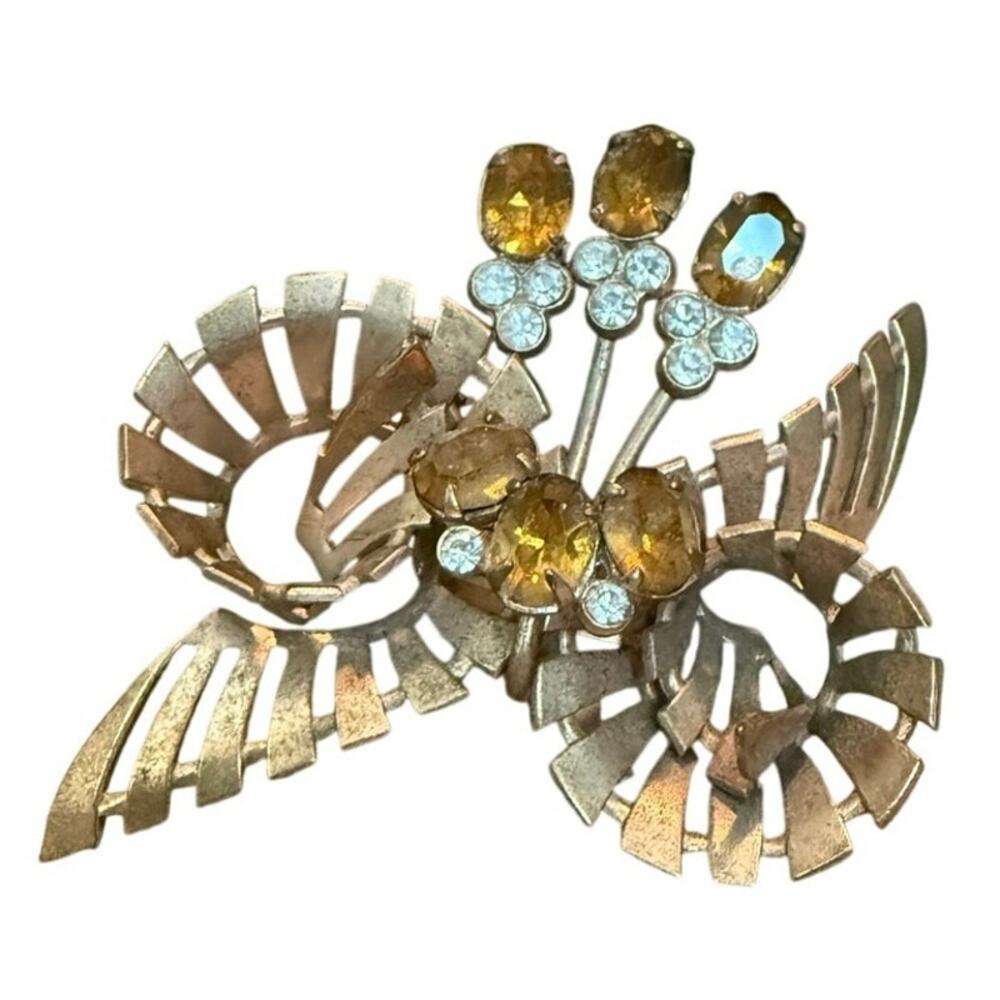 Vintage Gold‑Tone Rhinestone Floral Brooch • Craft / Repair